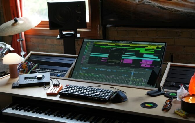 A desk with a keyboard and a monitor